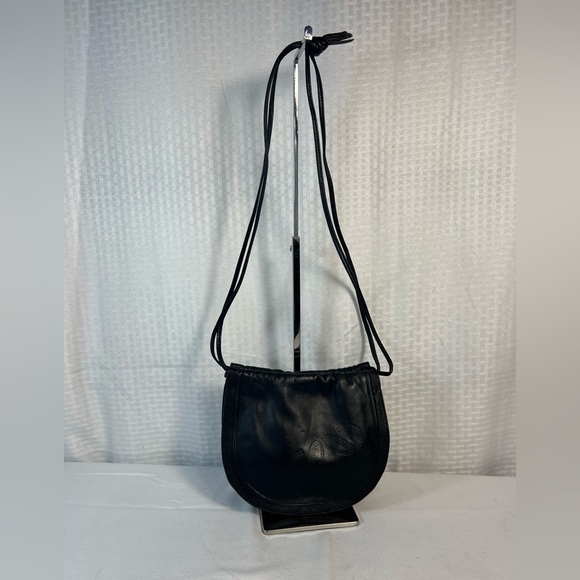 Loewe Handbags - 3052: Vintage Loewe Black Leather Crossbody Bag Embossed Anagram